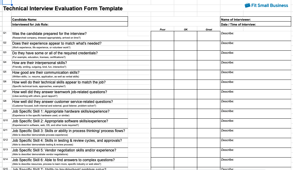 Technical Interview Evaluation Form Template
